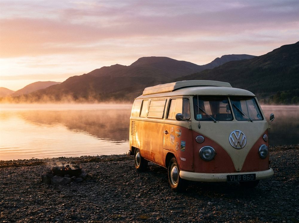 Camper van conversion parked beside a Scottish loch at sunrise