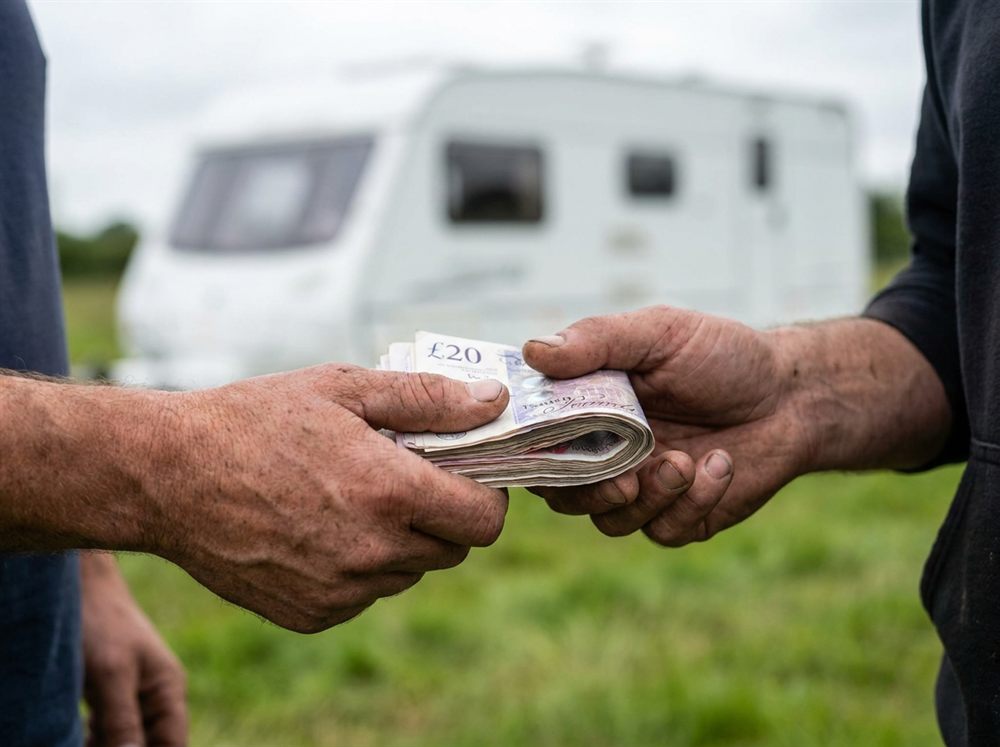Bundle of twenty pound notes being handed over beside a caravan