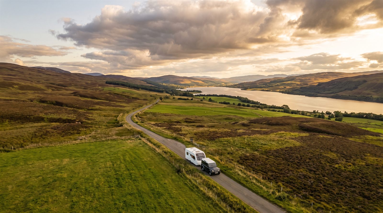 Aerial view of a car towing a caravan along a winding road through the Scottish Highlands