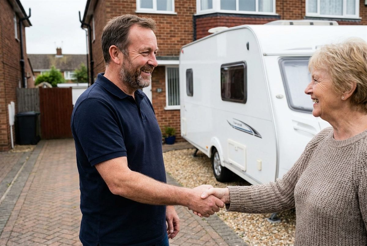 Caravan buyer shaking hands with a seller on their driveway after agreeing a price