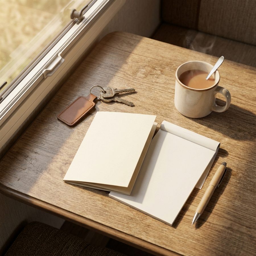 Caravan keys and paperwork laid out on a caravan table