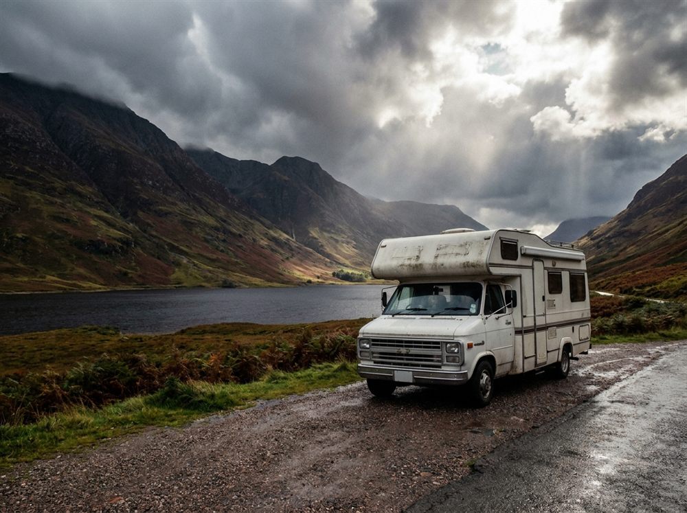 White coachbuilt motorhome parked in the Scottish Highlands