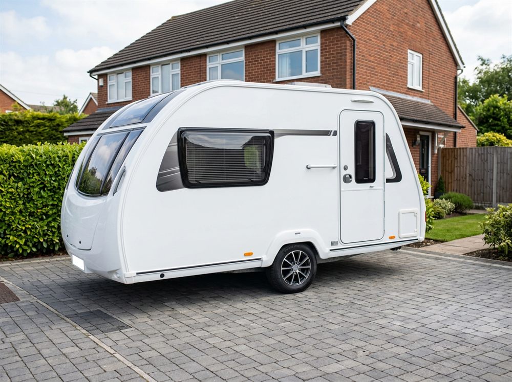 Modern white touring caravan parked on a block-paved driveway