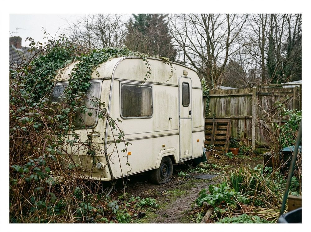 Forgotten caravan overgrown with brambles at the bottom of a garden
