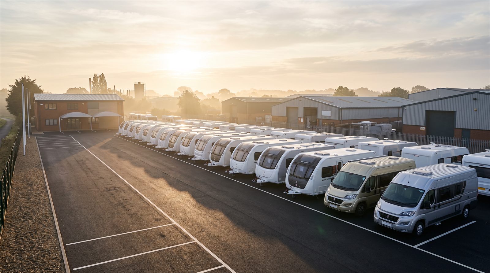 Row of touring caravans and motorhomes lined up in a dealer's yard at sunrise